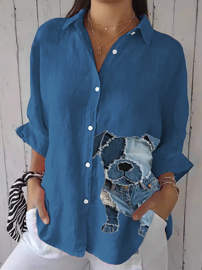 Women's Retro Funny Animal Dog Print Casual Shirt