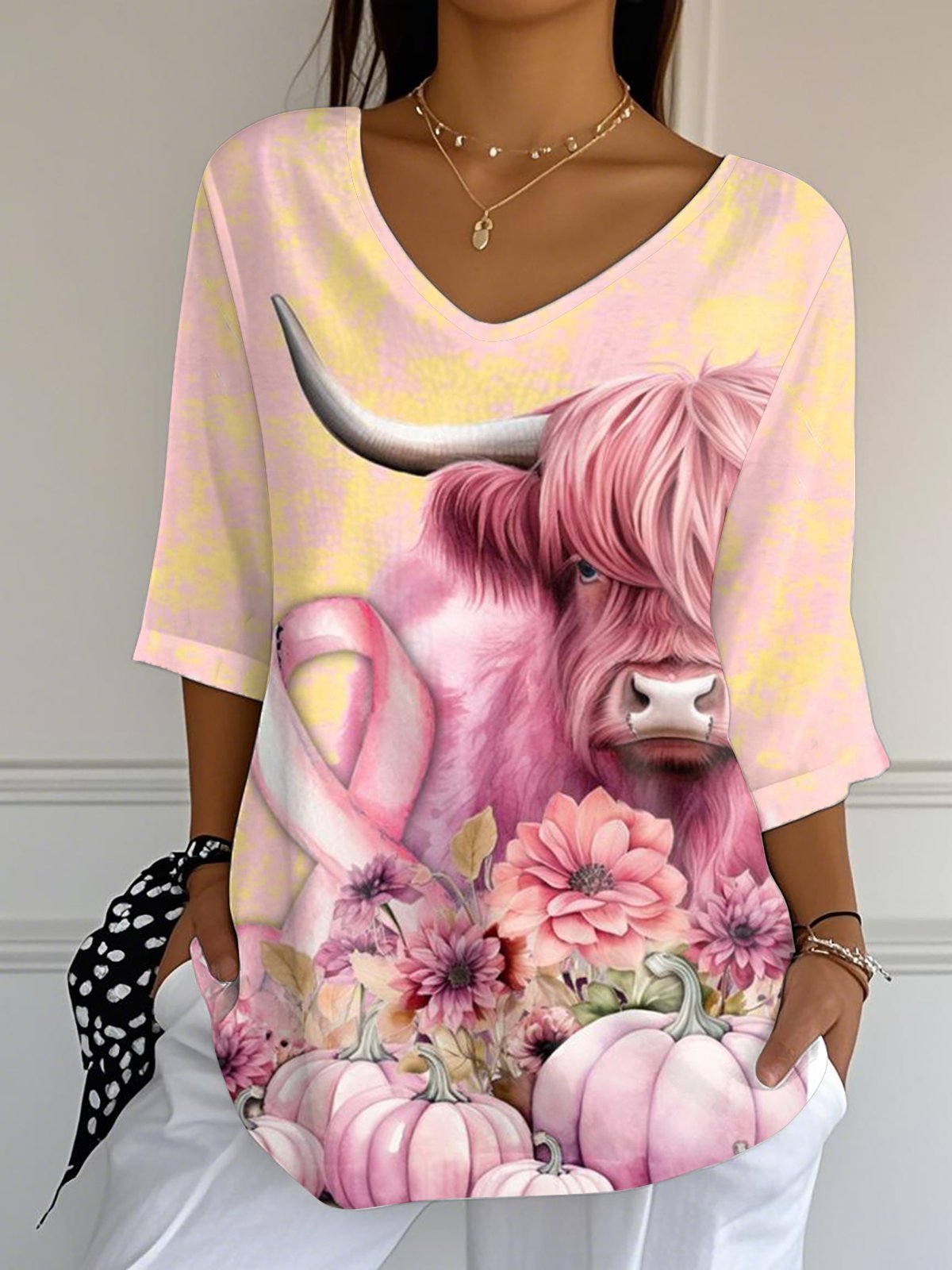 Women's Highland Cow Breast Cancer Awareness Long Sleeve Top