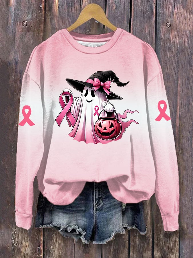 Women's Breast Cancer Ghost Print Crew Neck Sweatshirt