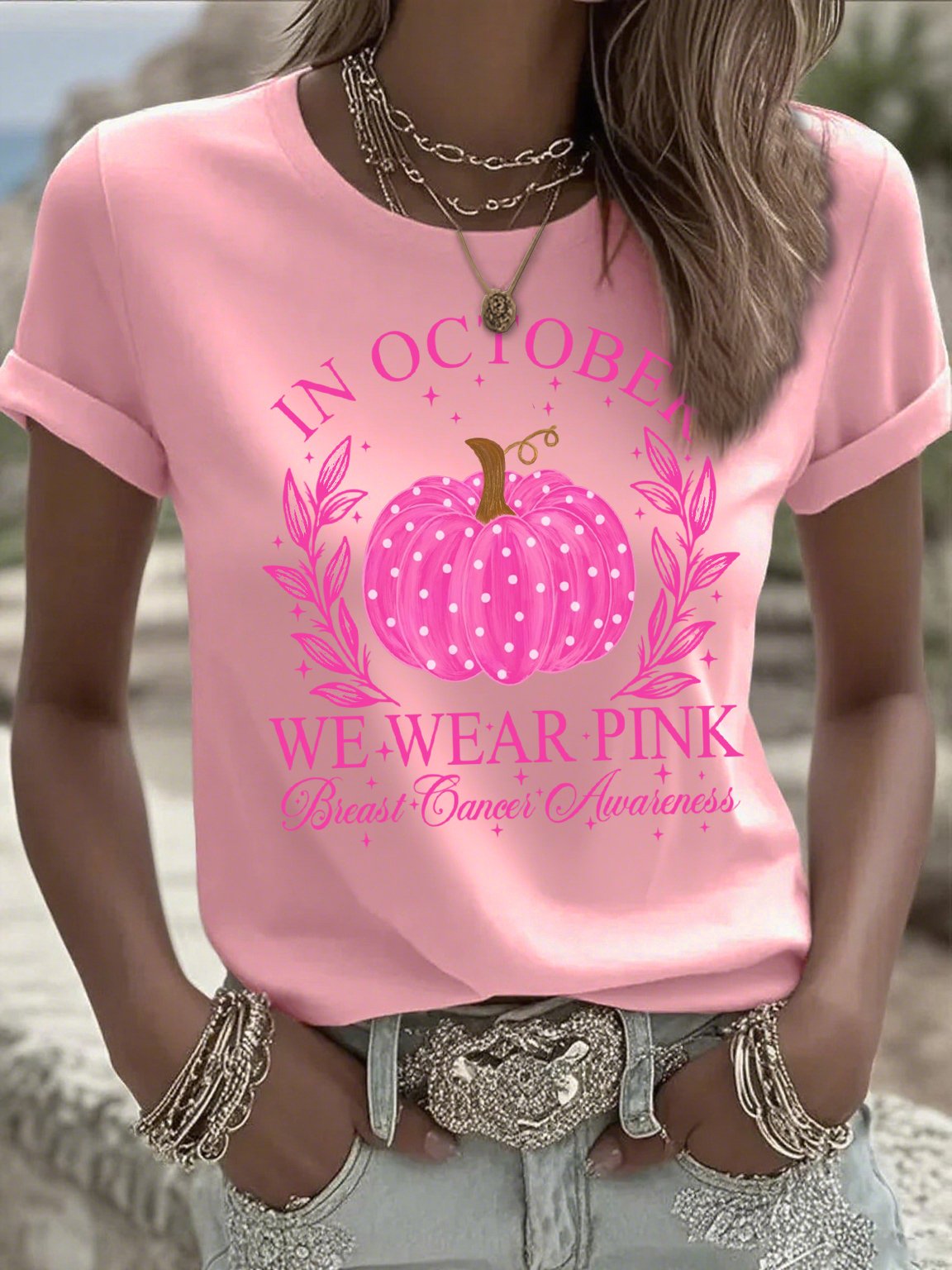 Women's Casual Pink Pumpkin T-Shirt