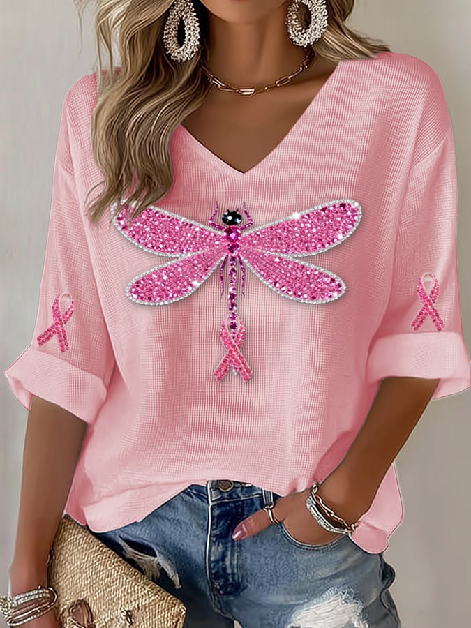 Women's Casual Pink Dragonfly Ribbon Hot-Stitching Rhinestone Print T-Shirt