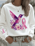 Women's Breast Cancer Hummingbird Print Crew Neck Sweatshirt