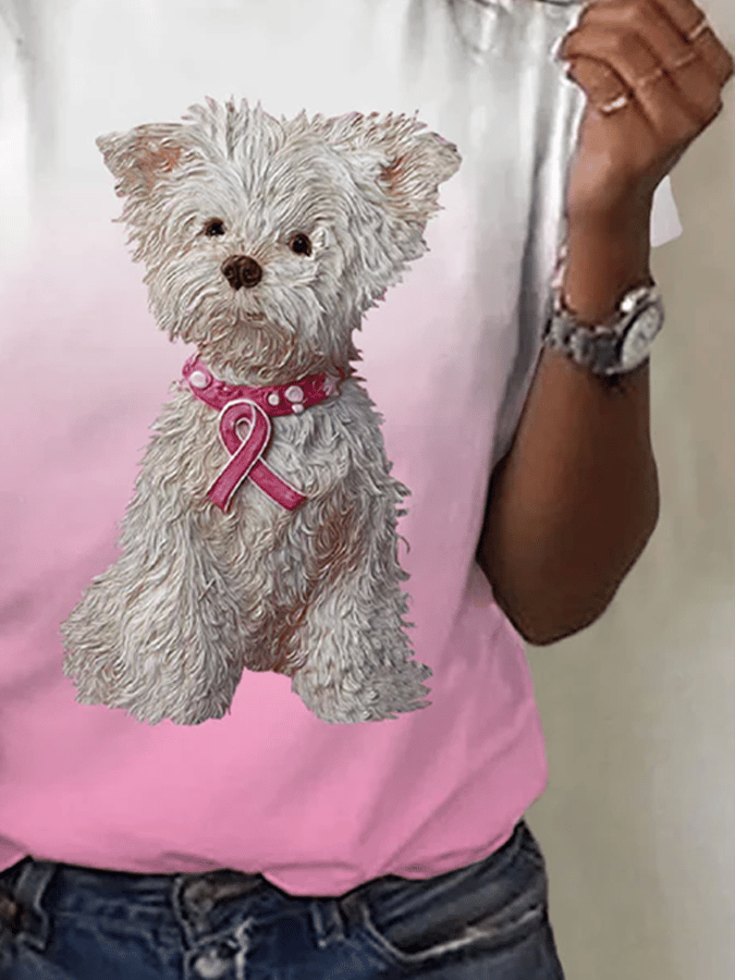 Women's Casual Breast Cancer Awareness Fans with Puppy Print T-Shirt