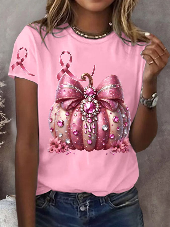 Women's Pink Pumpkin Breast Cancer Awareness Print Short Sleeve T-Shirt