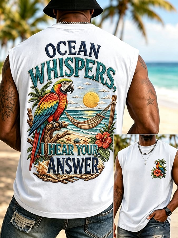 Men's Retro Vacation Ocean Whispers, I Hear Your Answer  Print Round Neck Vest
