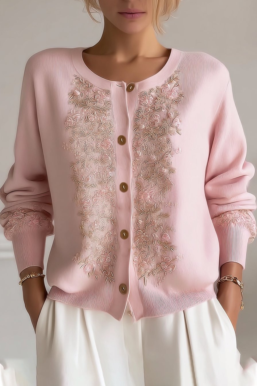 Women's Vintage Pink Floral Embroidery Art Print Long Sleeve Cardigan