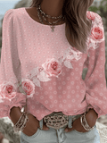 Women's Floral Print Round Neck Long Sleeve Linen Blend Shirt