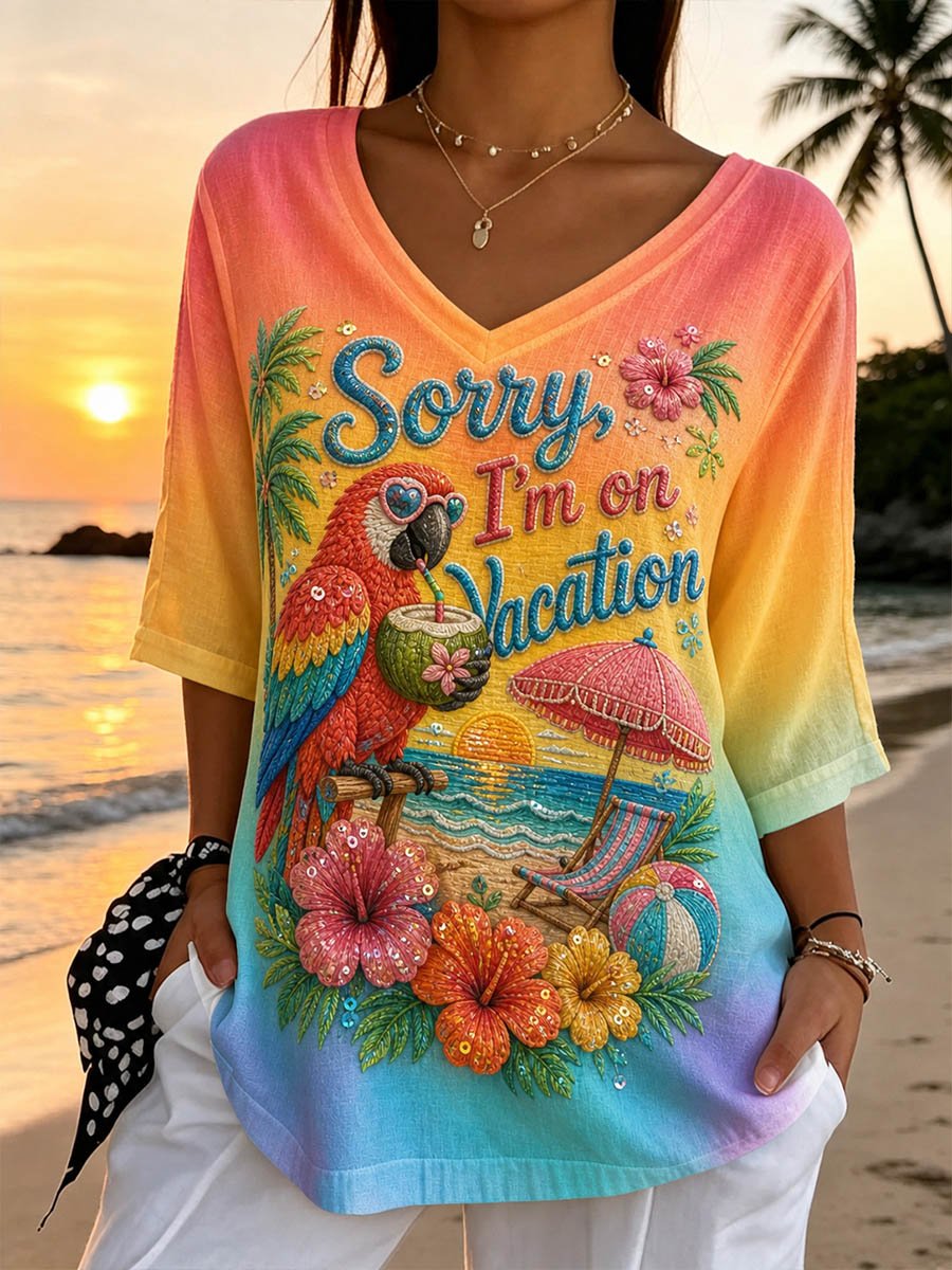 Women's Retro Vacation Hawaiian Print Mid Sleeve T-Shirt
