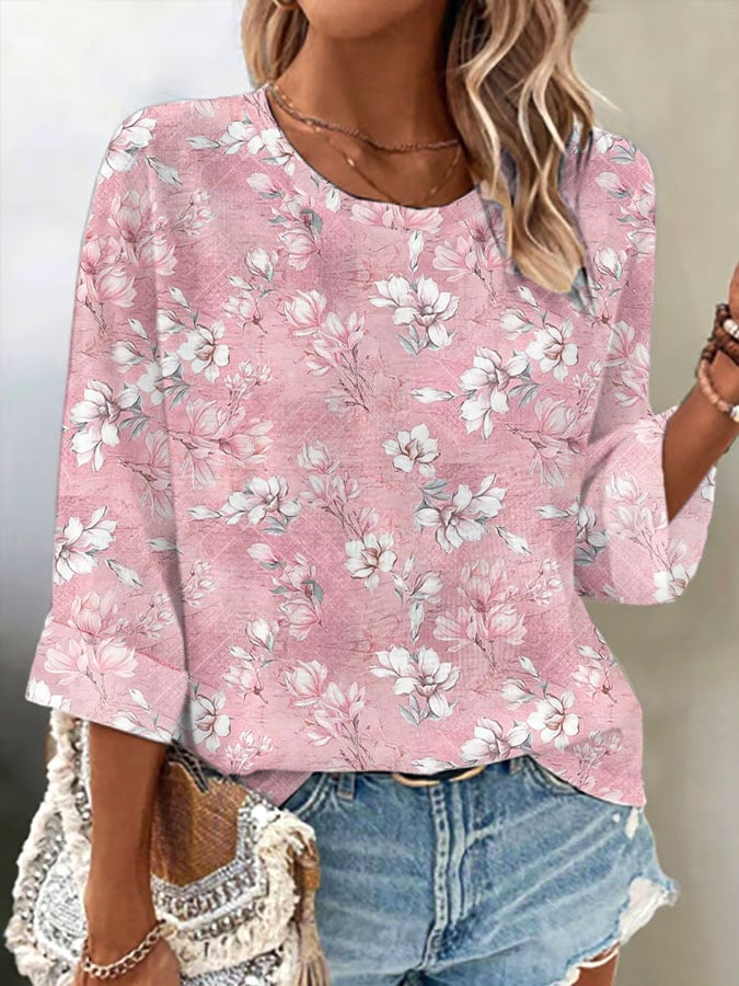 Women's Breast Cancer Pink Flower Printed Short-Sleeved T-Shirt