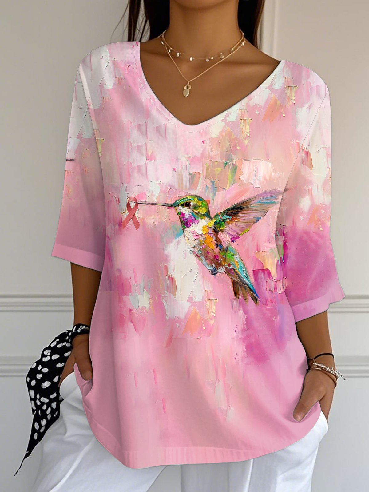 Women's Oil Painting Hummingbird Print Long Top