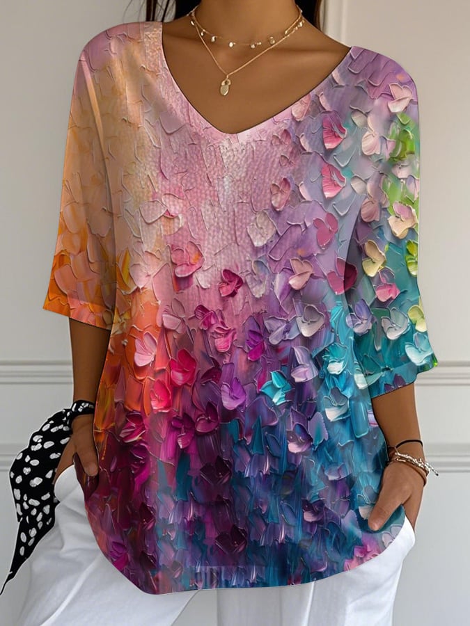 Women's Casual Retro Colorful Oil Painting Bubble Wrinkled Cotton And Linen T-Shirt