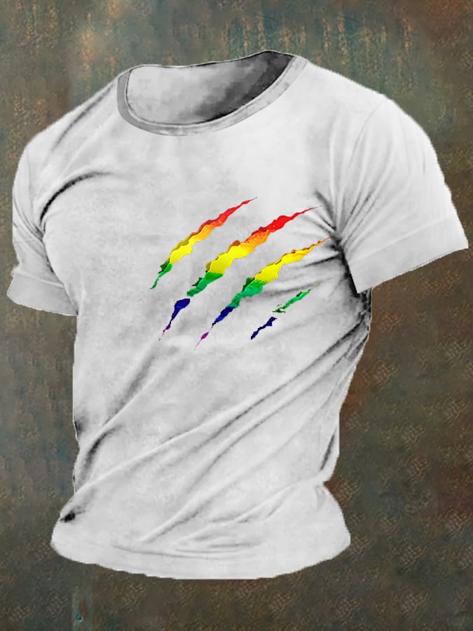 Men's Rainbow Bear Paw Print Casual T-Shirt