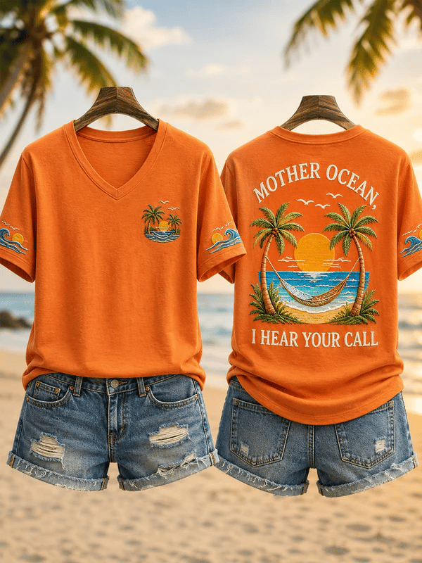 Women's Mother Ocean I Have Heard You Call Print V Neck T-Shirt
