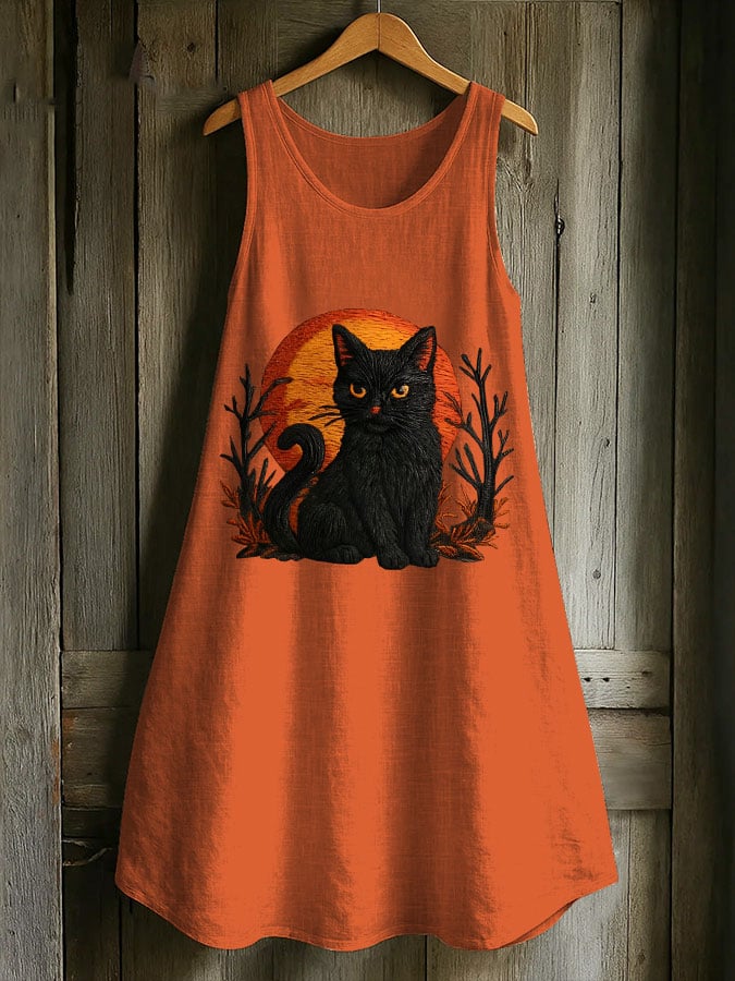 Women's Casual Black Cat Cotton And Linen Dress