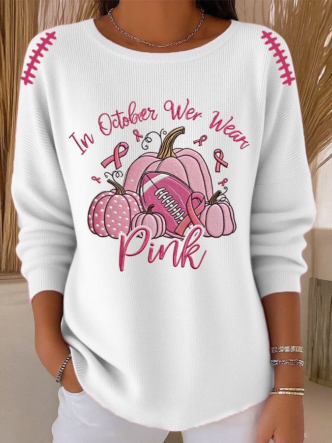 Women's Casual October We Wear Pink Pumpkin Rugby Texture Long Sleeve Top