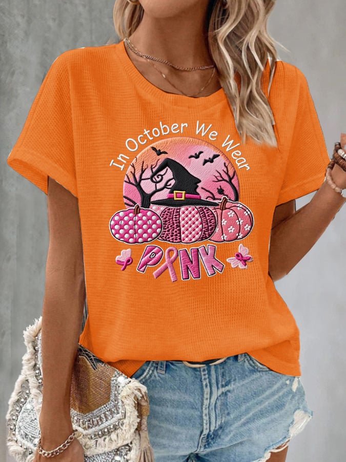Women's Casual October We Wear Pink Ghost Waffle T-shirt