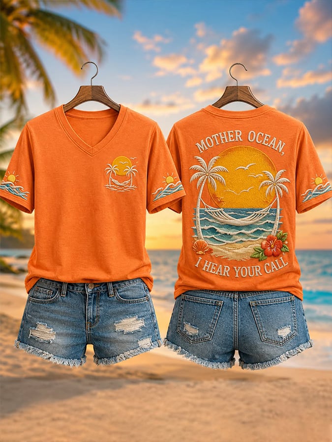 Women's Mother Ocean I Have Heard You Call Print V Neck T-Shirt