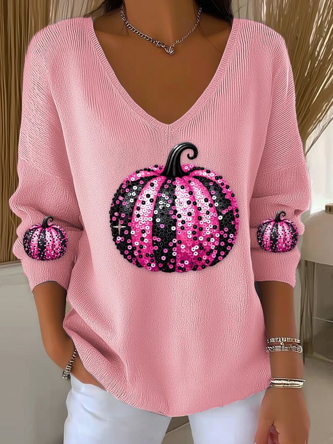 Women's casual pink sequined pumpkin striped long-sleeved top