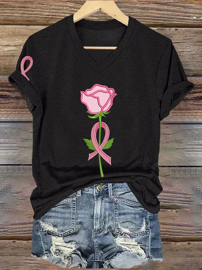 Women'S Casual Breast Cancer Awareness Graphic Print V-Neck Short Sleeve T-Shirt