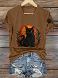 Women's Casual Vintage Black Cat Print T-Shirt