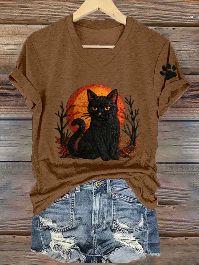 Women's Casual Vintage Black Cat Print T-Shirt
