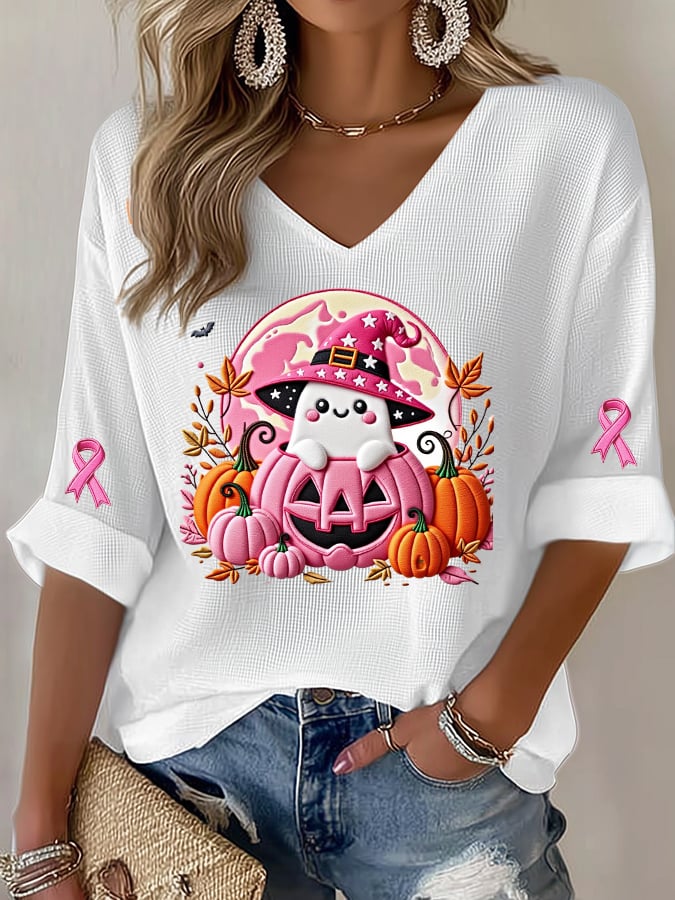 Women's Casual Pink Autumn Ghost Waffle Long-Sleeved T-Shirt