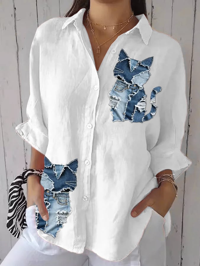 Women's Retro Funny Animal Cat Print Casual Shirt