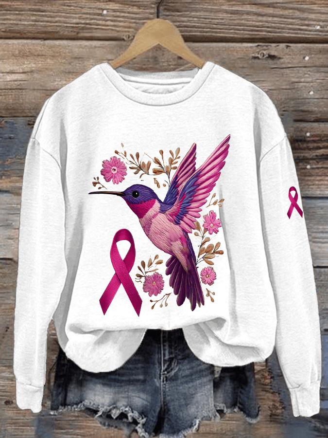 Women's Breast Cancer Awareness Hummingbird Print Crew Neck Sweatshirt