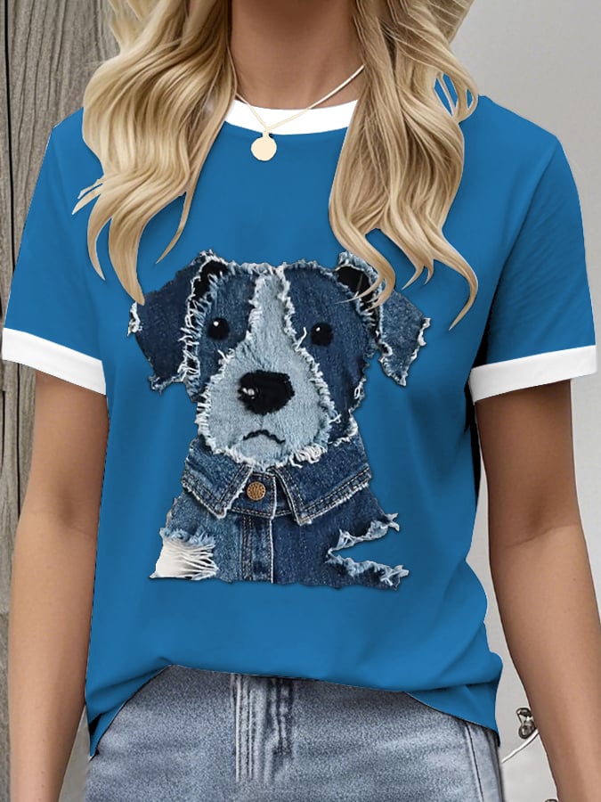 Women's Retro Funny Animal Dog Print Crew Neck T-Shirt