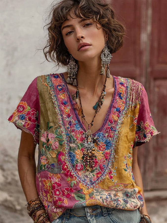 Women's Vintage Pink Floral Art V-Neck Linen Blend T-Shirt