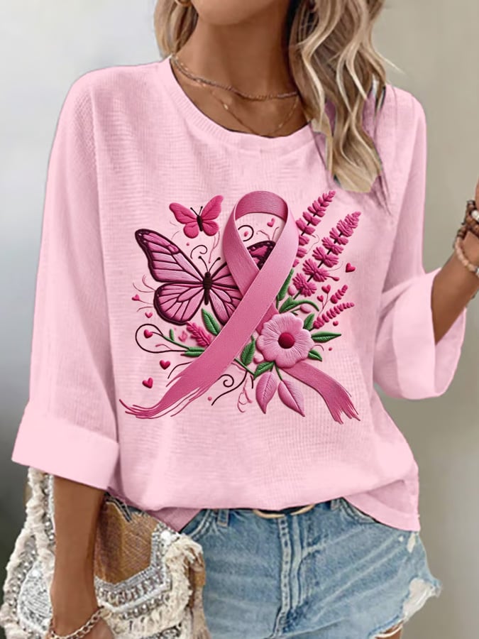 Women's Summer Pink Butterfly Embroidery Printed Casual Top