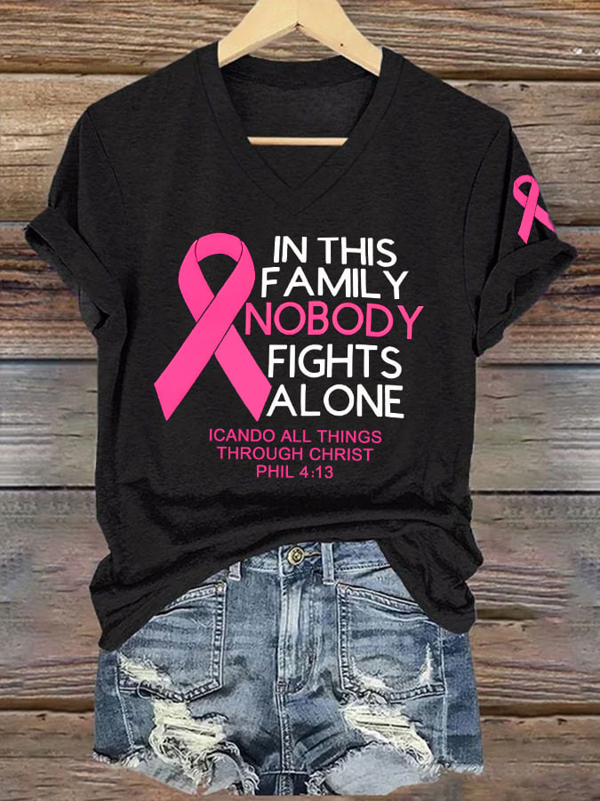 Women's Retro In This Family Nobody Fights Alone Breast Cancer Awareness Print T-Shirt