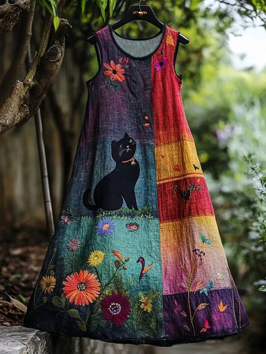 Women's Cute Cat Floral Faux Embroidery Print Sleeveless Round Neck Dress