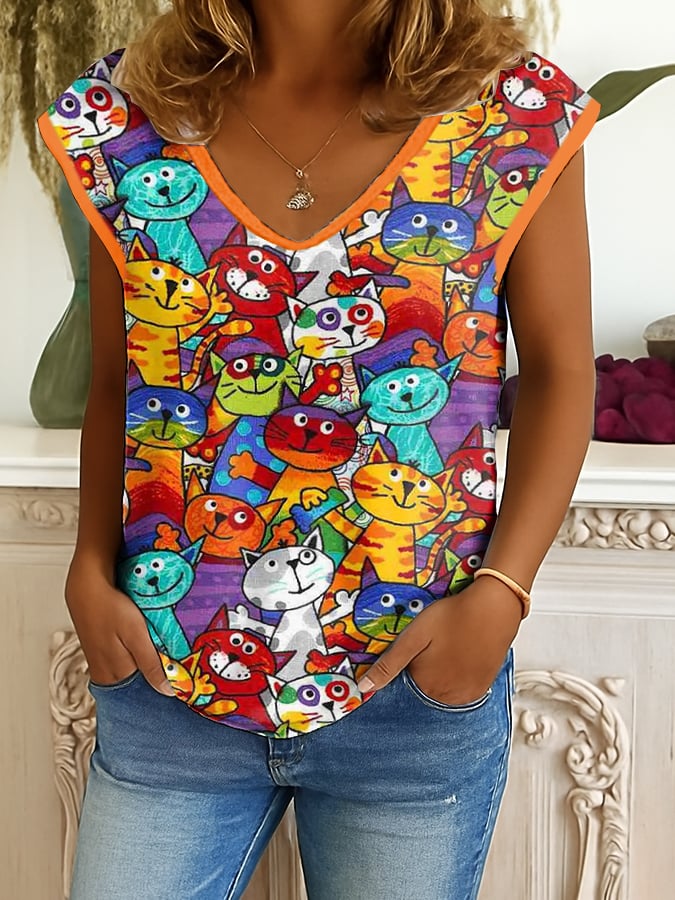 Women's Retro Funny Animal Cat Print Tank Top