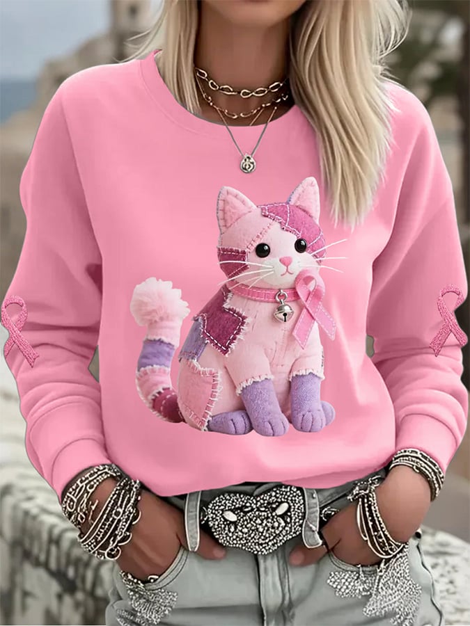 Women's Pink Cat Pink Ribbon Breast Cancer Awareness Support Print Sweatshirt