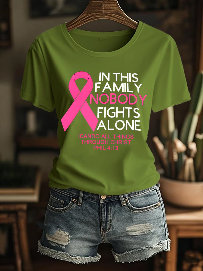 Women's Retro In This Family Nobody Fights Alone Breast Cancer Awareness Print T-Shirt