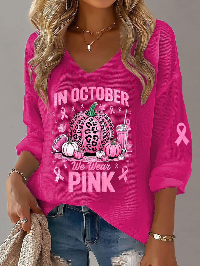 Women's Breast Cancer In October We Wear Pink Print Waffle Long-Sleeved T-Shirt