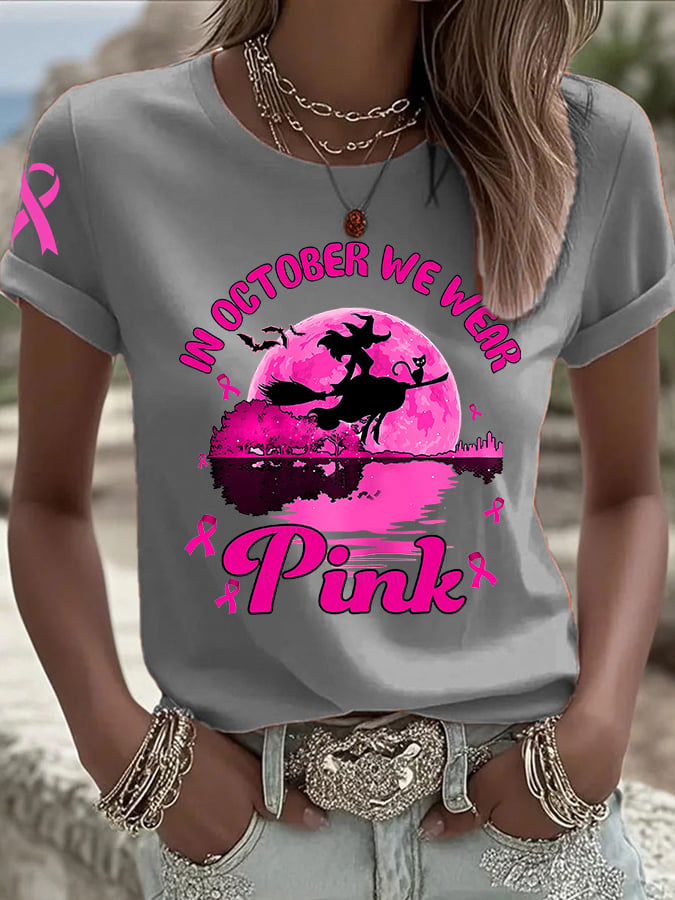 Women's In October We Wear Pink Breast Cancer Witch Print Casual T-shirt