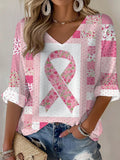 Women's Casual Pink Floral Art Cotton Waffle Long-Sleeved T-Shirt