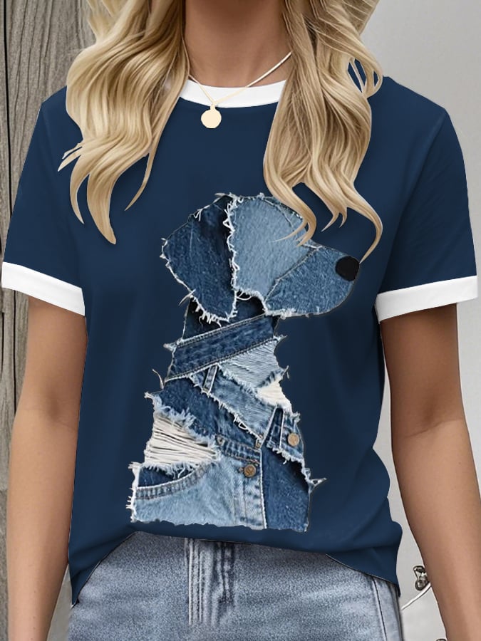 Women's Retro Funny Animal Dog Print Crew Neck T-Shirt