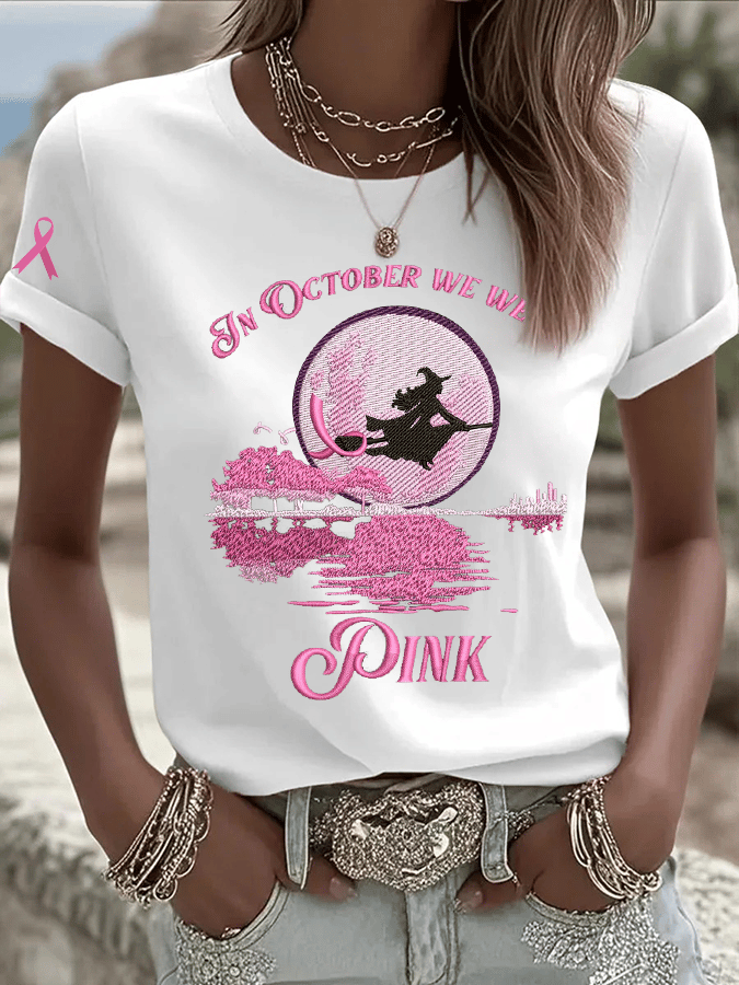 Women's In October We Wear Pink Print Crew Neck T-Shirt