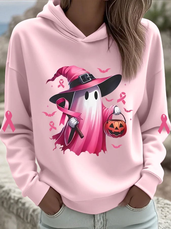 Women's Breast Cancer Cute Ghost Print Hooded Sweatshirt