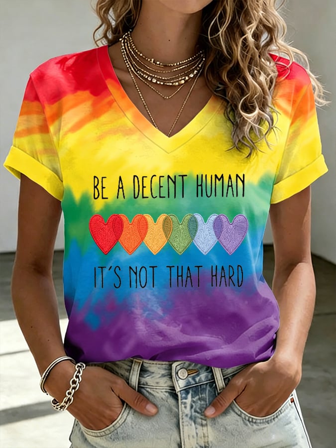 Women's Be A Decent Human It's Not That Hard Print V Neck T-shirt