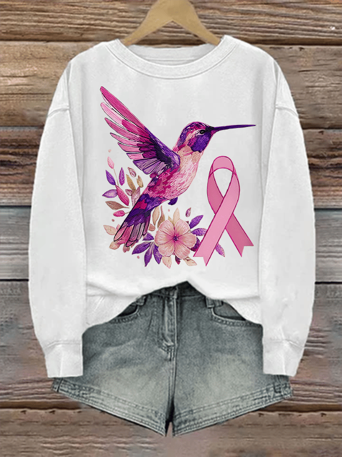 Women's Breast Cancer Awareness Hummingbird Print Crew Neck Sweatshirt