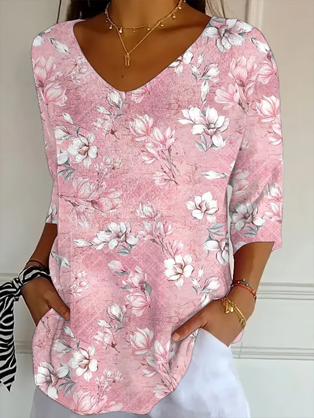 Women's Breast Cancer Pink Flowers Print Top