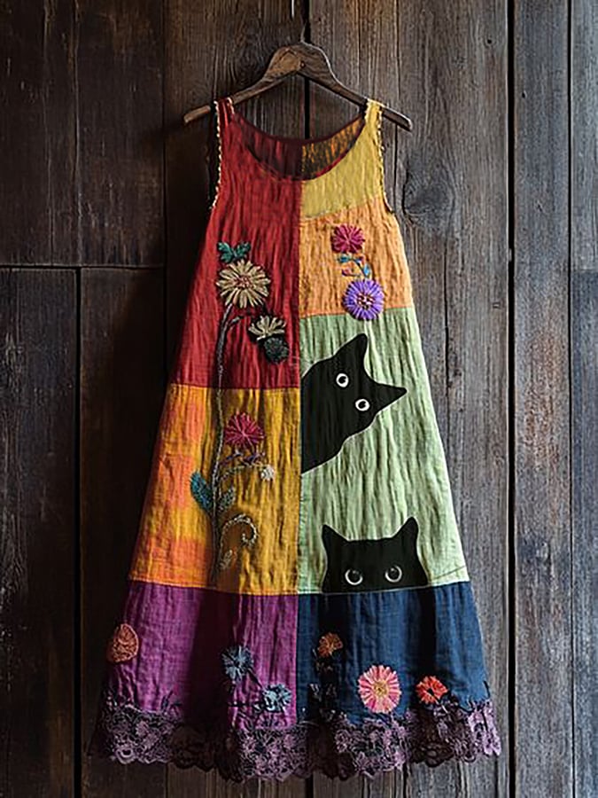 Women's Cute Cat In The Garden Sleeveless Round Neck Dress