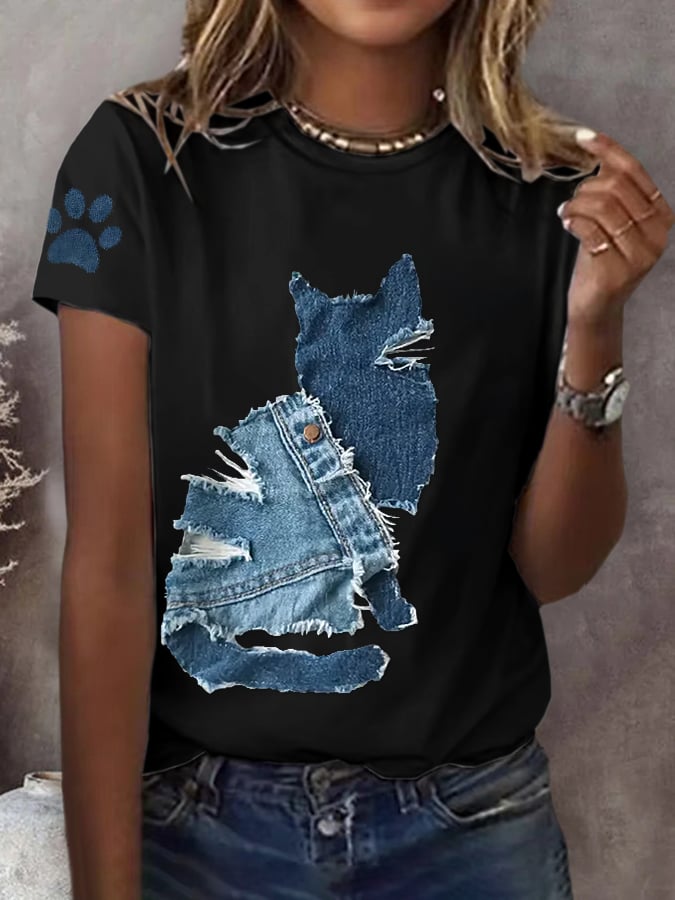 Women's Retro Funny Animal Cat Print T-Shirt