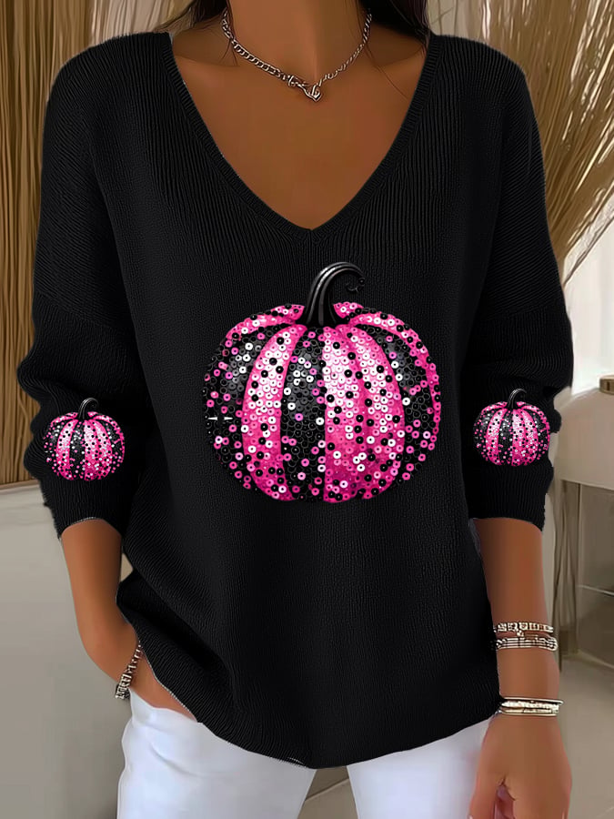 Women's casual pink sequined pumpkin striped long-sleeved top
