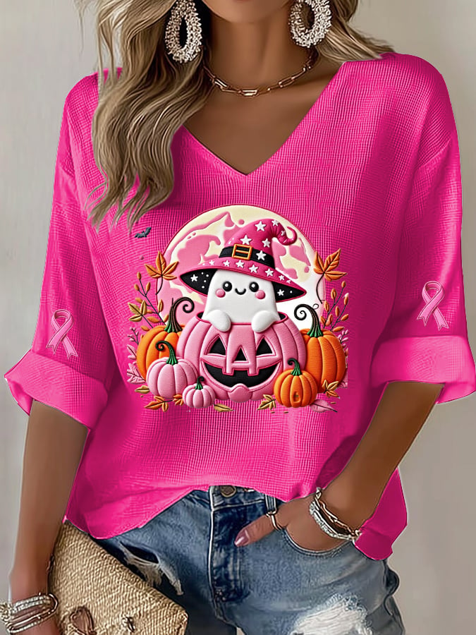 Women's Casual Pink Autumn Ghost Waffle Long-Sleeved T-Shirt
