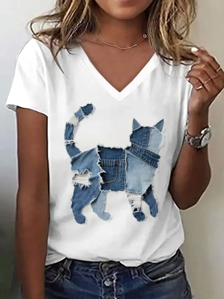 Women's Retro Funny  Animal Cat Print V-Neck T-Shirt